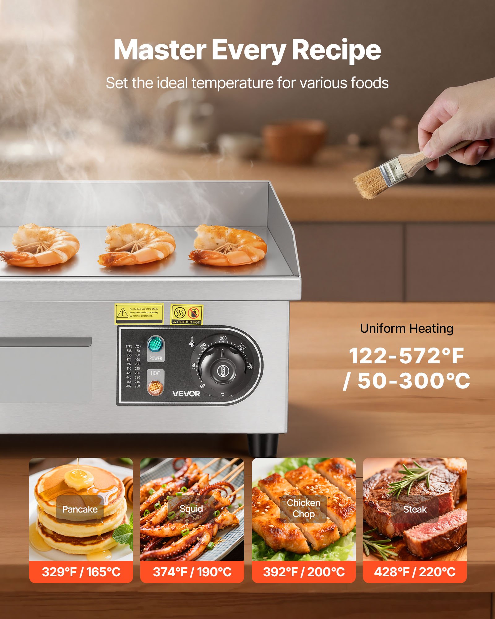 VEVOR Commercial Electric Griddle, 355 x 300 mm, 2000W, 50-300°C Adjustable Temp Control, Stainless Steel Countertop Full Flat Top Grill with 2 Spatulas and 2 Brushes, for Steak, Pancake, Squid