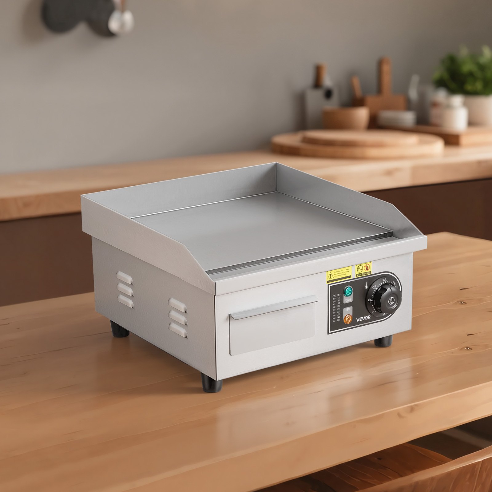 VEVOR Commercial Electric Griddle, 355 x 300 mm, 2000W, 50-300°C Adjustable Temp Control, Stainless Steel Countertop Full Flat Top Grill with 2 Spatulas and 2 Brushes, for Steak, Pancake, Squid