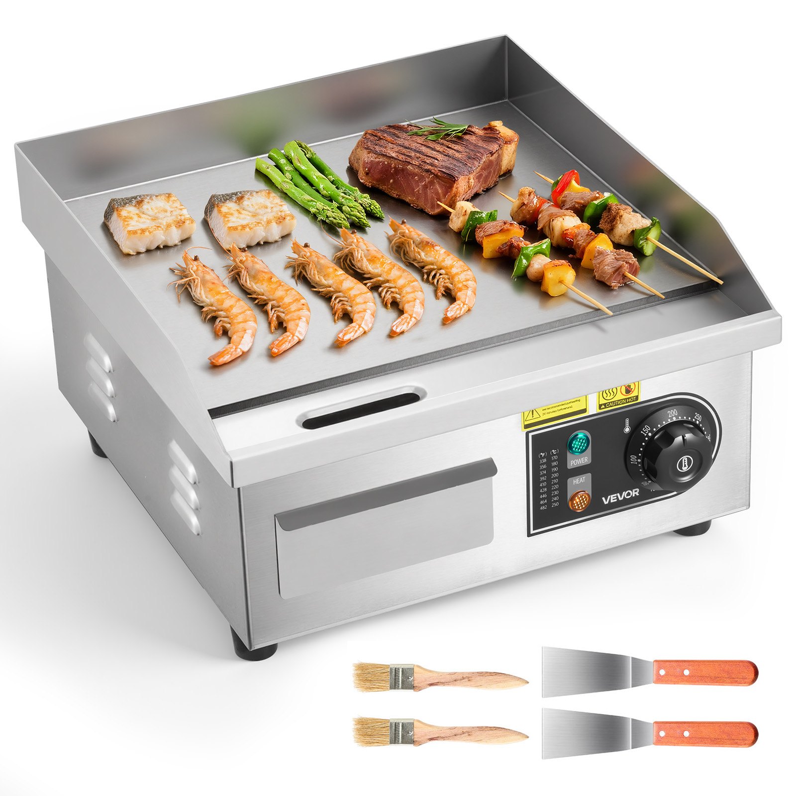 VEVOR Commercial Electric Griddle, 355 x 300 mm, 2000W, 50-300°C Adjustable Temp Control, Stainless Steel Countertop Full Flat Top Grill with 2 Spatulas and 2 Brushes, for Steak, Pancake, Squid