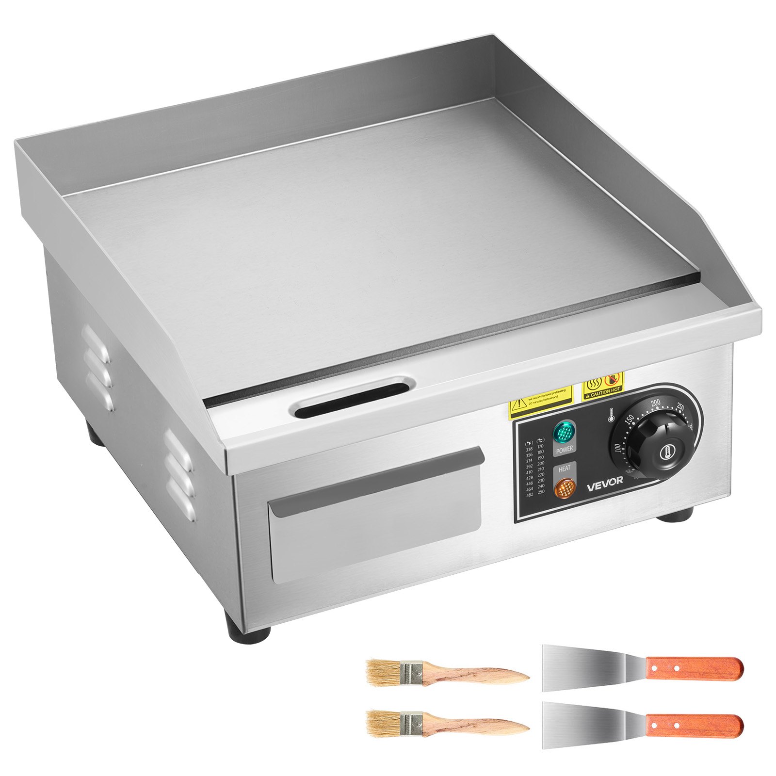 VEVOR Commercial Electric Griddle, 355 x 300 mm, 2000W, 50-300°C Adjustable Temp Control, Stainless Steel Countertop Full Flat Top Grill with 2 Spatulas and 2 Brushes, for Steak, Pancake, Squid