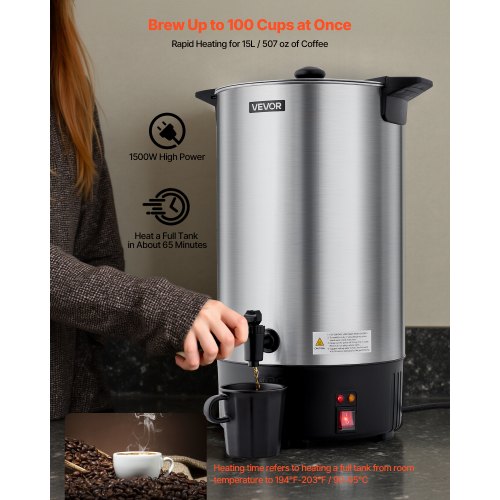 VEVOR Commercial Coffee Urn  15 L, 100 Cup, Stainless Steel