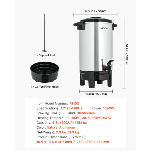 VEVOR Commercial Coffee Urn, 30 Cup 4.5 L Hot Beverage Dispenser with  Dripless Faucet, Quick-Brewing Commercial Coffee Maker, Automatic  Temperature ...