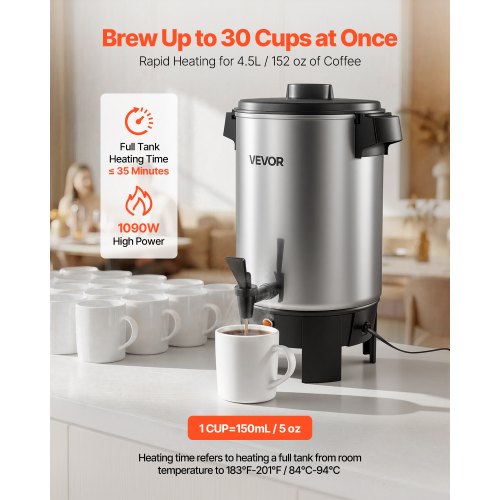 VEVOR Commercial Coffee Urn 30 Cup 152oz Hot Beverage Dispenser with Dripless Faucet 1090W Quick-Brewing Coffee Maker Automatic Temperature Control