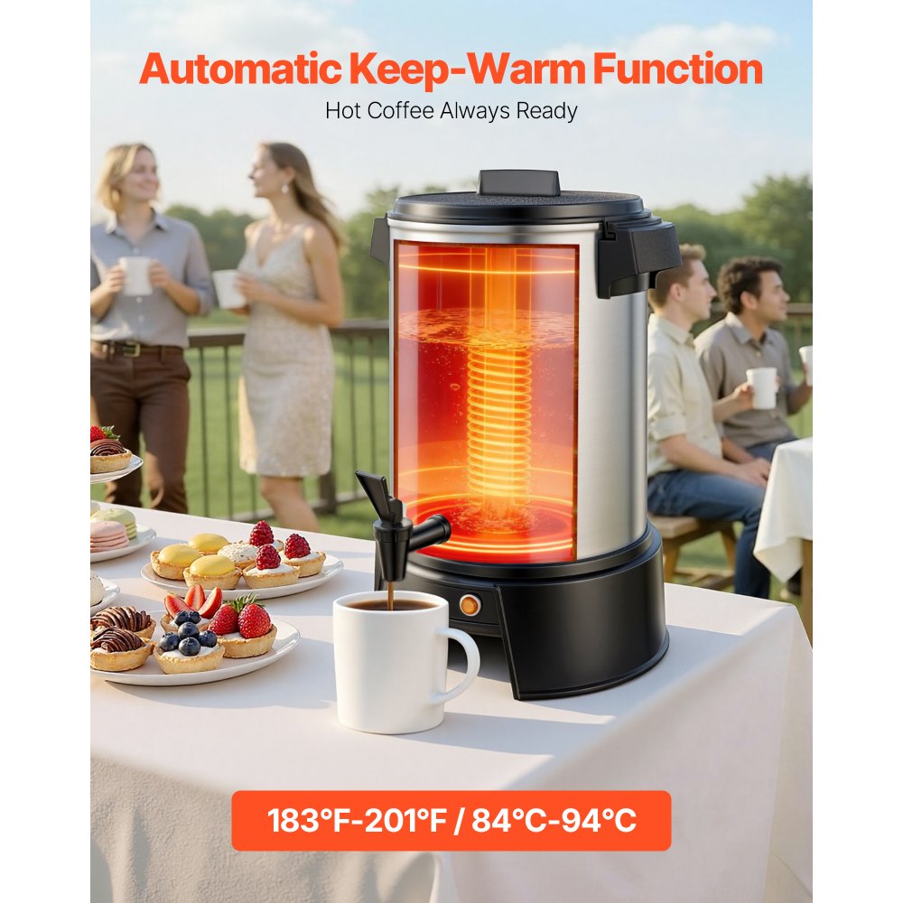 VEVOR Commercial Coffee Urn, 30 Cup 4.5L Hot Beverage Dispenser with Dripless Faucet, 1190W Quick-Brewing Coffee Maker, Automatic Temperature Control, for Catering, Party, Church & Restaurant