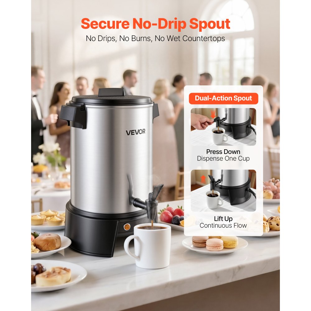 VEVOR Commercial Coffee Urn, 30 Cup 4.5L Hot Beverage Dispenser with Dripless Faucet, 1190W Quick-Brewing Coffee Maker, Automatic Temperature Control, for Catering, Party, Church & Restaurant