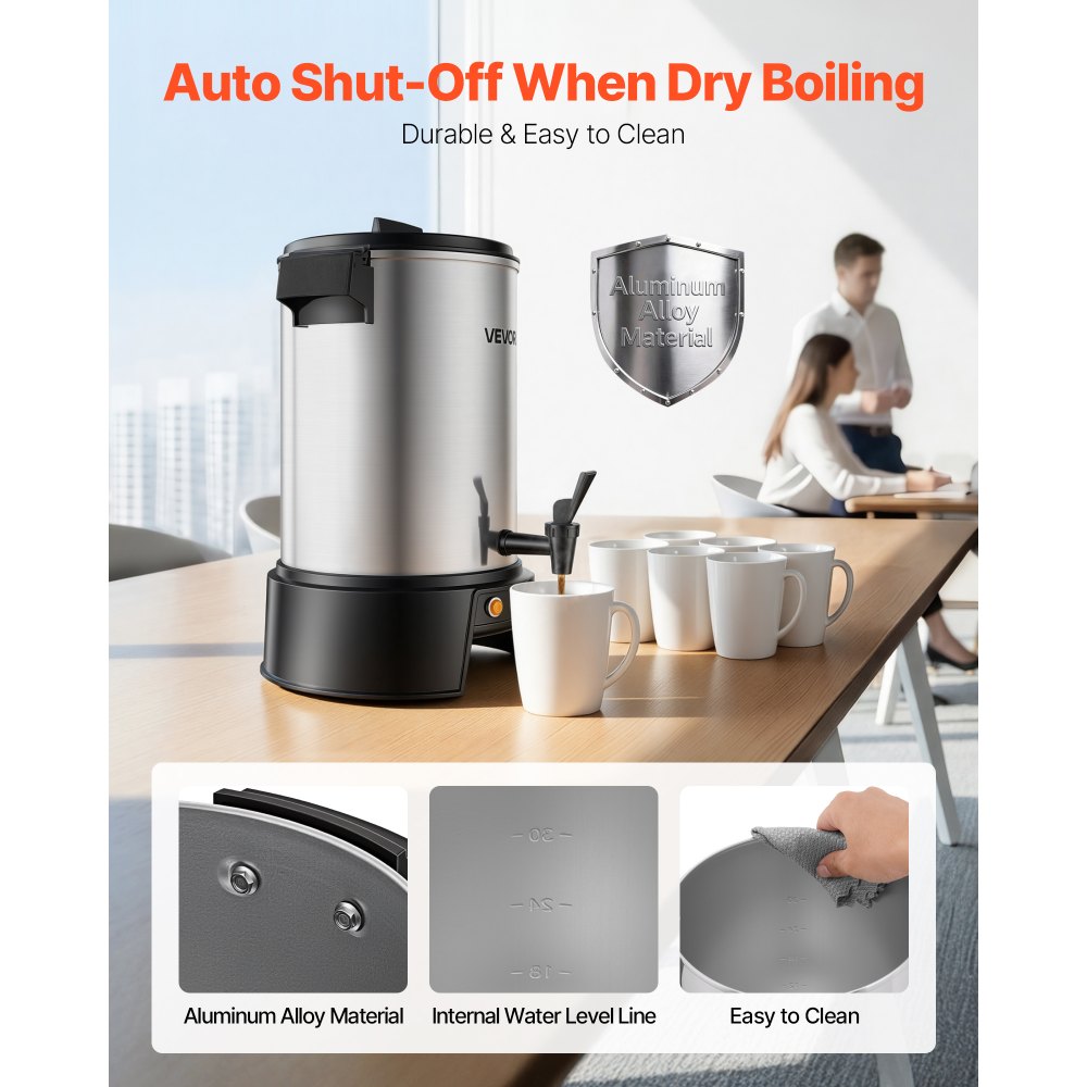 VEVOR Commercial Coffee Urn, 30 Cup 4.5L Hot Beverage Dispenser with Dripless Faucet, 1190W Quick-Brewing Coffee Maker, Automatic Temperature Control, for Catering, Party, Church & Restaurant