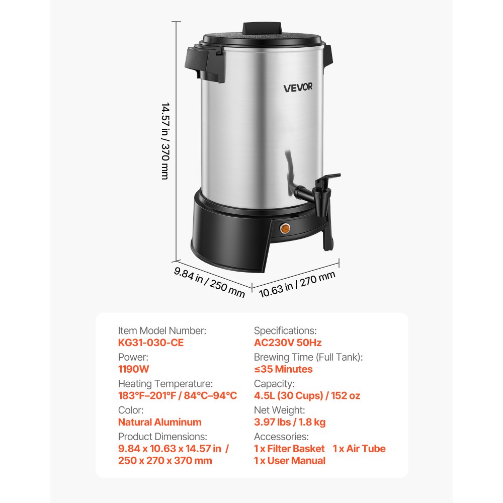 VEVOR Commercial Coffee Urn, 30 Cup 4.5L Hot Beverage Dispenser with Dripless Faucet, 1190W Quick-Brewing Coffee Maker, Automatic Temperature Control, for Catering, Party, Church & Restaurant