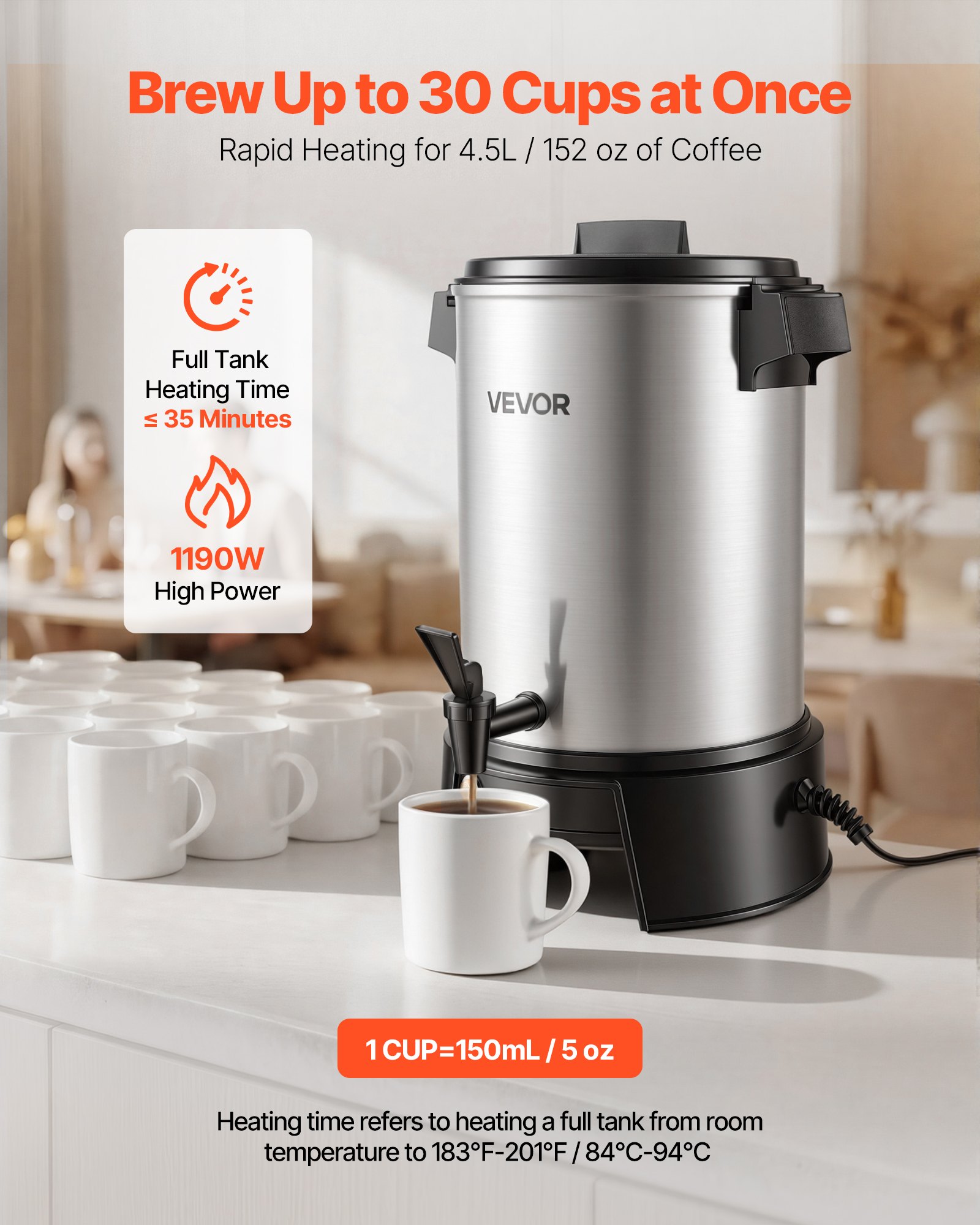 VEVOR Commercial Coffee Urn, 30 Cup 4.5L Hot Beverage Dispenser with Dripless Faucet, 1190W Quick-Brewing Coffee Maker, Automatic Temperature Control, for Catering, Party, Church & Restaurant