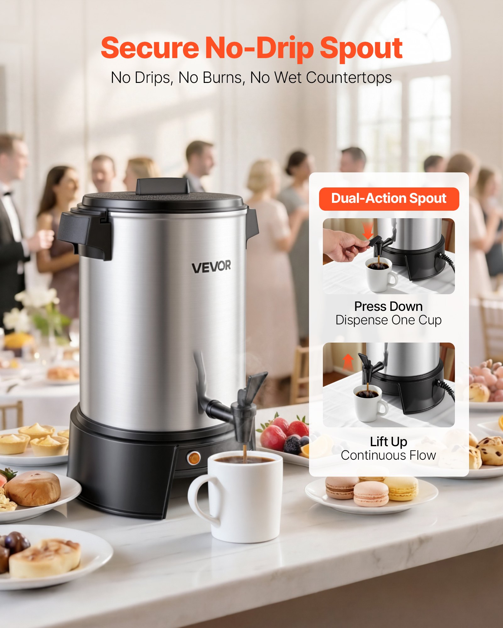 VEVOR Commercial Coffee Urn, 30 Cup 4.5L Hot Beverage Dispenser with Dripless Faucet, 1190W Quick-Brewing Coffee Maker, Automatic Temperature Control, for Catering, Party, Church & Restaurant