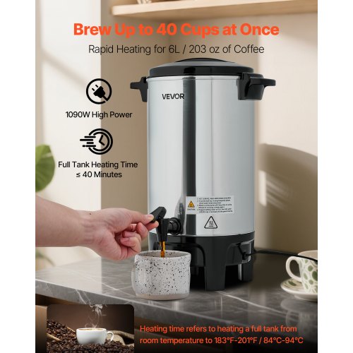 VEVOR Commercial Coffee Urn, 40 Cup 6 L Hot Beverage Dispenser with  Dripless Faucet, Quick-Brewing Commercial Coffee Maker, Automatic  Temperature Control, for Catering, Party, Church & Restaurant | VEVOR US