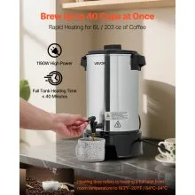 VEVOR Commercial Coffee Urn, 40 Cup 6 L Hot Beverage Dispenser with Dripless Faucet, Quick-Brewing Commercial Coffee Maker, Automatic Temperature Control, for Catering, Party, Church & Restaurant