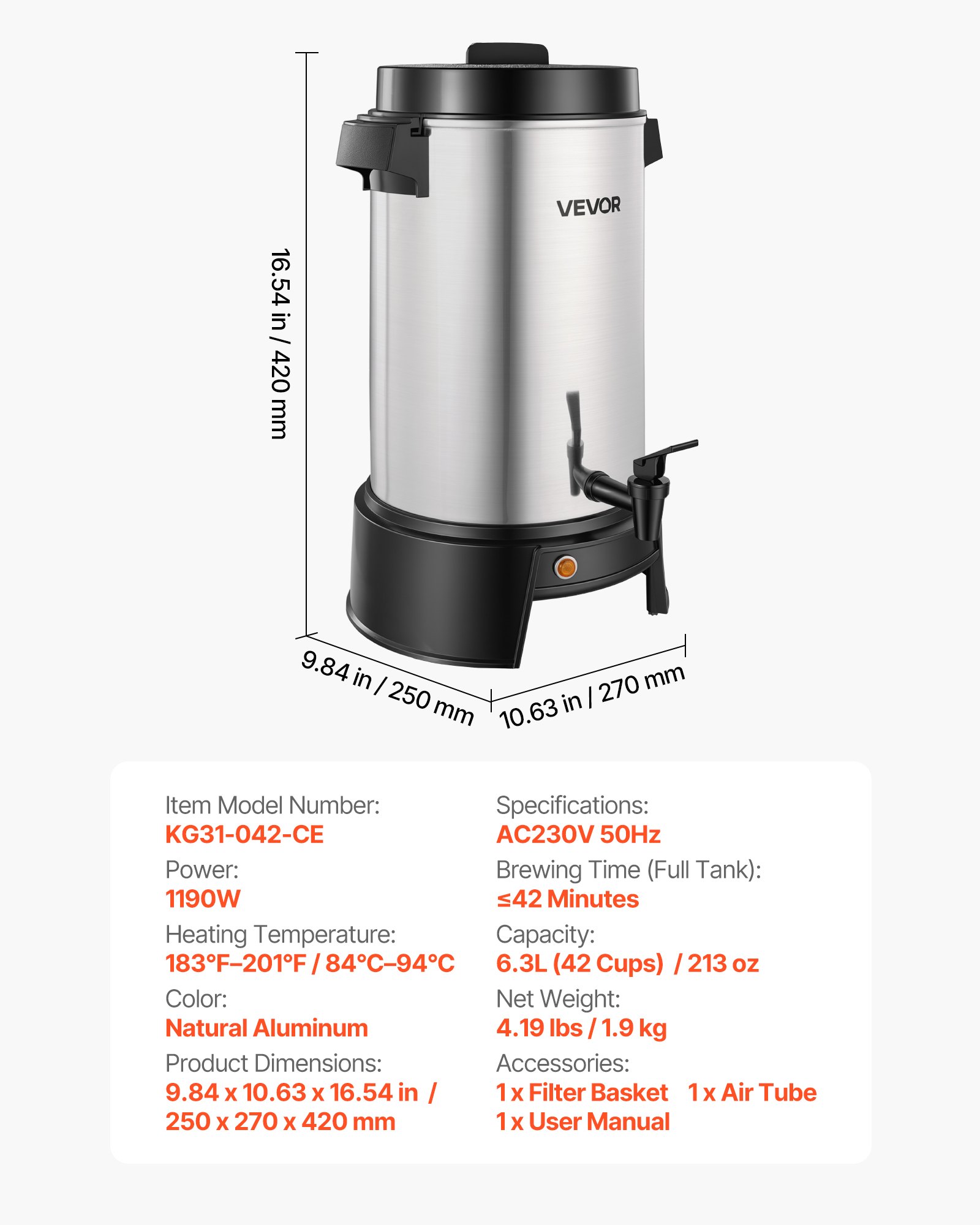 VEVOR Commercial Coffee Urn, 42 Cup 6.3L Hot Beverage Dispenser with Dripless Faucet, 1190W Quick-Brewing Coffee Maker, Automatic Temperature Control, for Catering, Party, Church & Restaurant