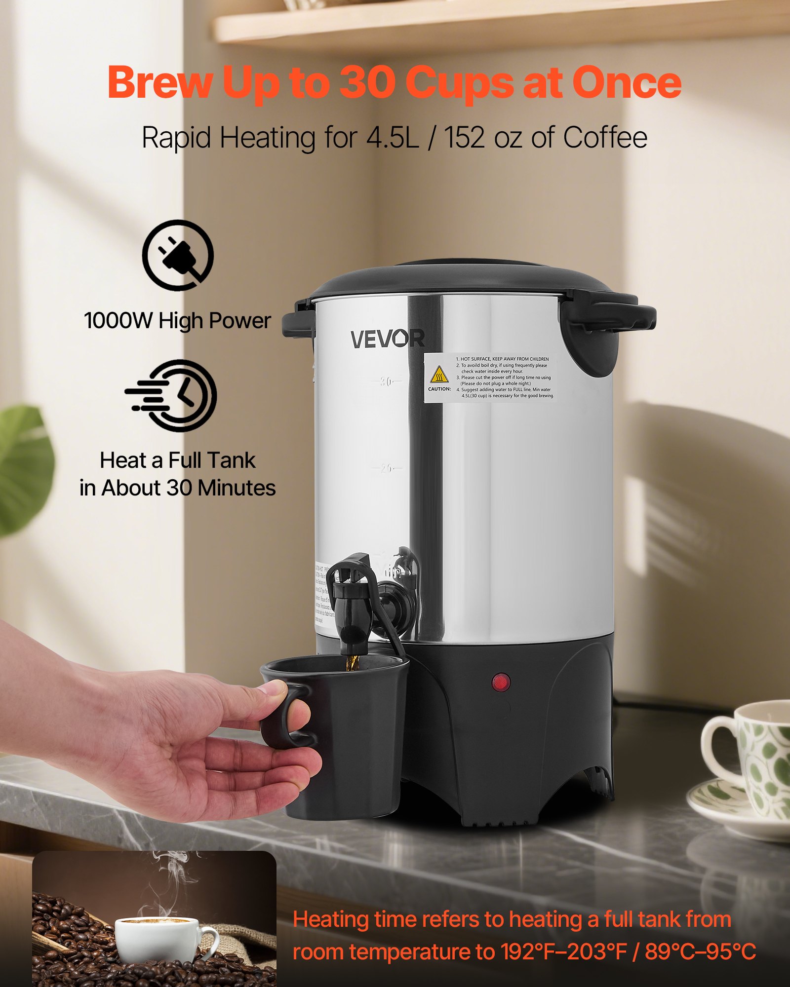 VEVOR Commercial Coffee Urn, 30 Cup 4.5 L Hot Beverage Dispenser with Dripless Faucet, Quick-Brewing Commercial Coffee Maker with Stainless Steel Liner, for Catering, Business, Church & Restaurant