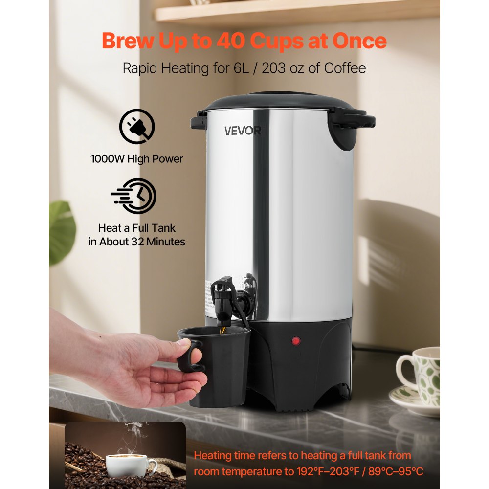 VEVOR Commercial Coffee Urn, 40 Cup 6 L Hot Beverage Dispenser with Dripless Faucet, Quick-Brewing Commercial Coffee Maker, with Stainless Steel Liner, for Catering, Business, Church & Restaurant