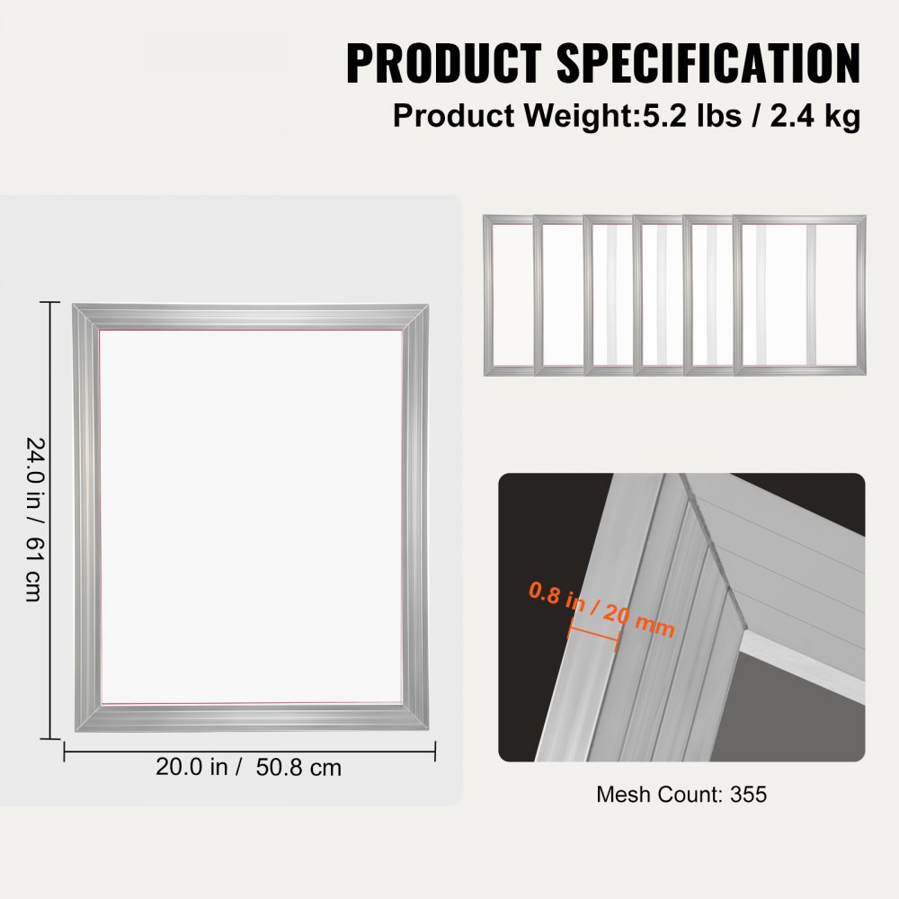 VEVOR screen printing kit with frames of 24x20 inches, mesh count of 355, and 5.2 lbs product weight.