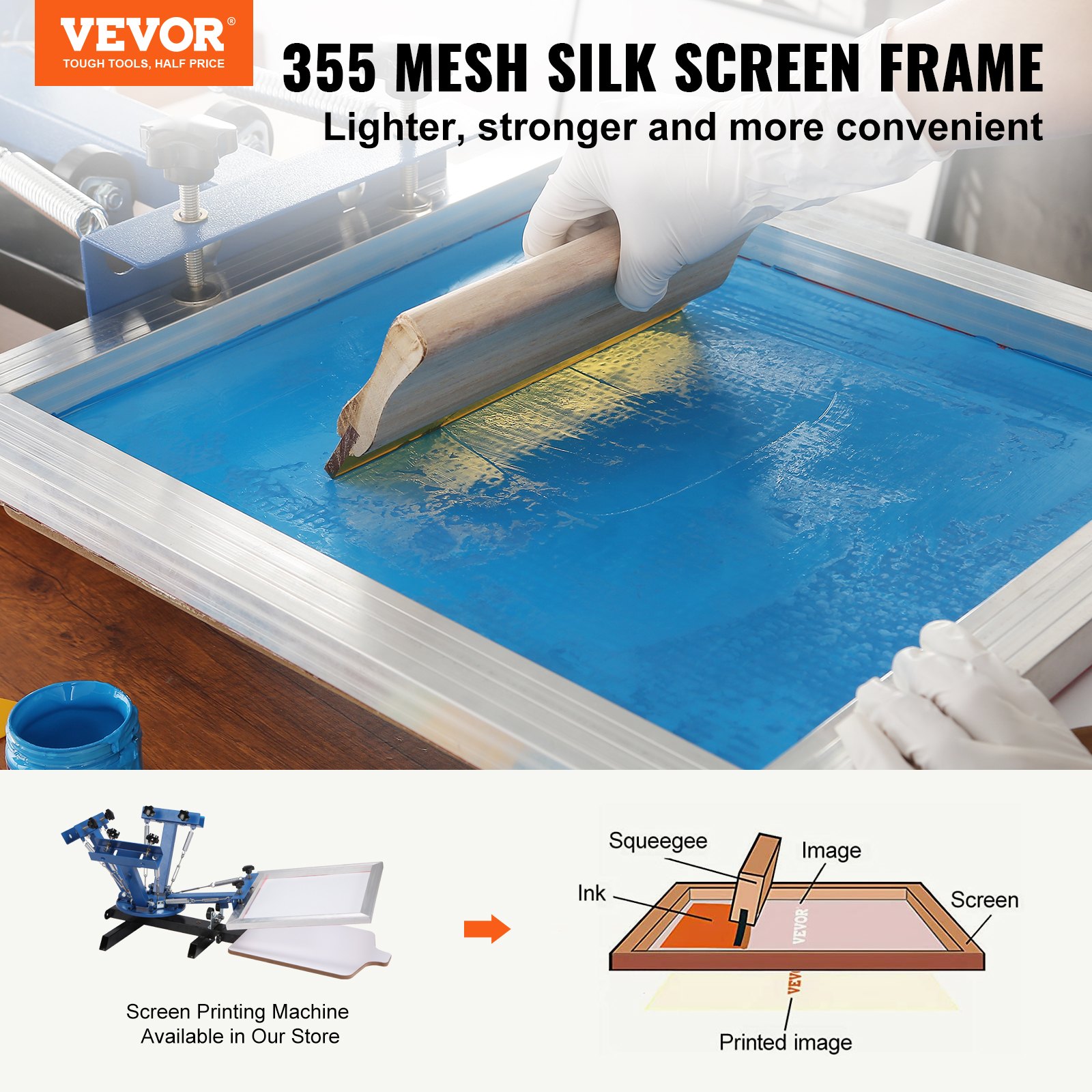 VEVOR screen printing kit with 355 mesh silk screen frame, squeegee, and ink for precise printing.