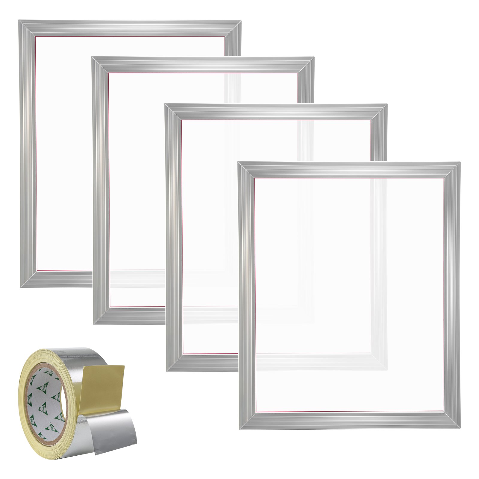 VEVOR screen printing kit with four aluminum frames and roll of reflective tape.