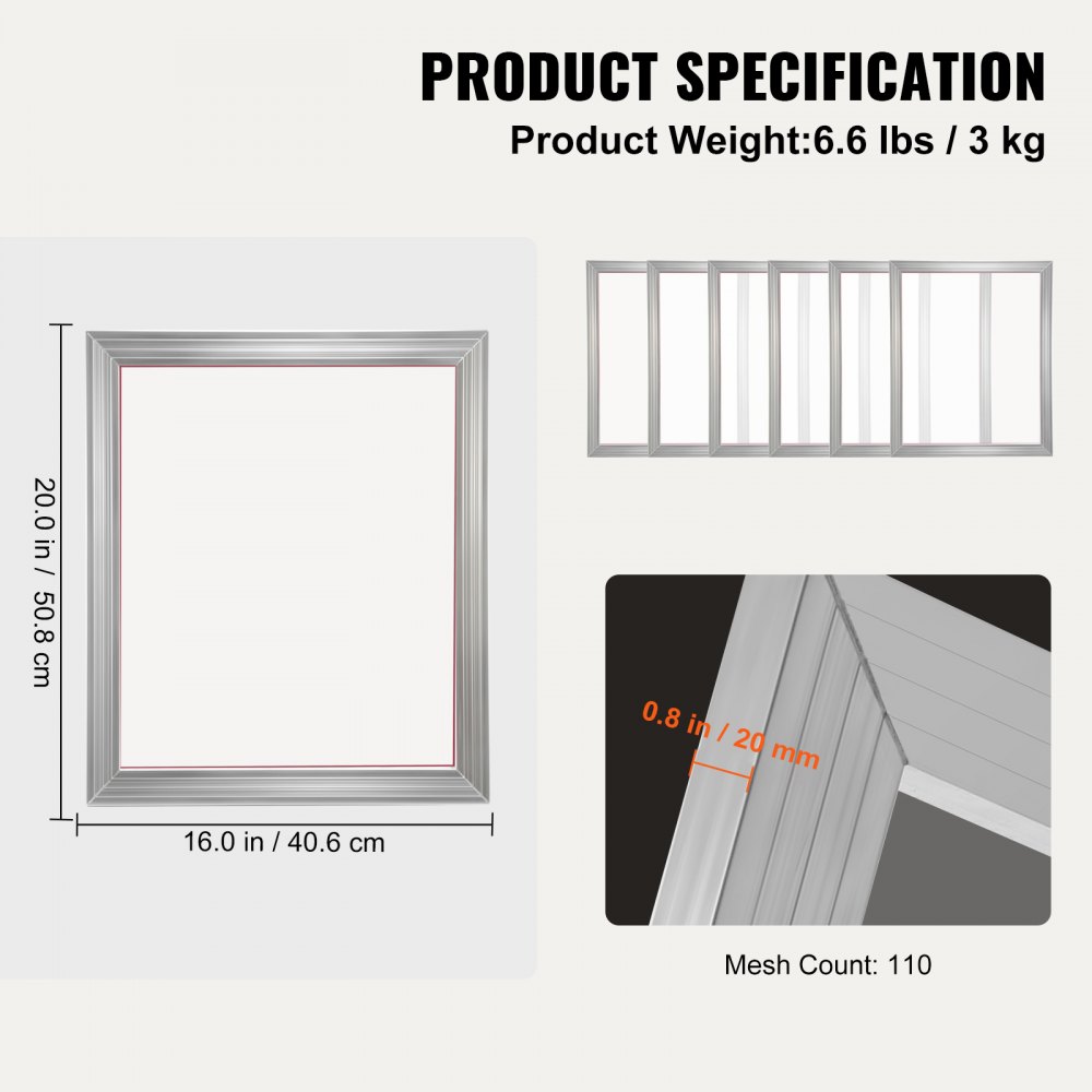 VEVOR Screen Printing Kit, 6 Pieces Aluminum Silk Screen Printing Frames, 40.6 x 50.8 cm Silk Screen Printing Frame with 110 Count Mesh, High Tension Nylon Mesh and Sealing Tape for T-shirts DIY Printing