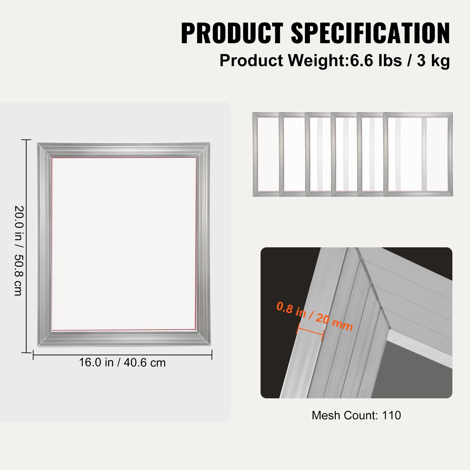 VEVOR Screen Printing Kit, 6 Pieces Aluminum Silk Screen Printing Frames, 40.6 x 50.8 cm Silk Screen Printing Frame with 110 Count Mesh, High Tension Nylon Mesh and Sealing Tape for T-shirts DIY Printing