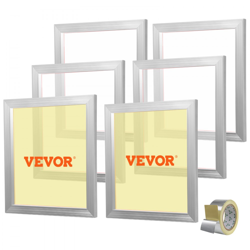 VEVOR screen printing kit with six aluminum frames and a roll of masking tape in the corner.