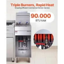 Commercial Deep Fryer Free Standing Natural Gas Fryer 3-Burner Dual Baskets
