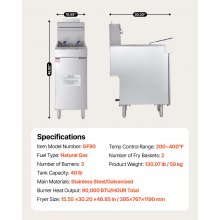 Commercial Deep Fryer Free Standing Natural Gas Fryer 3-Burner Dual Baskets