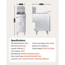 Commercial Deep Fryer Free Standing Natural Gas Fryer 3-Burner Dual Baskets