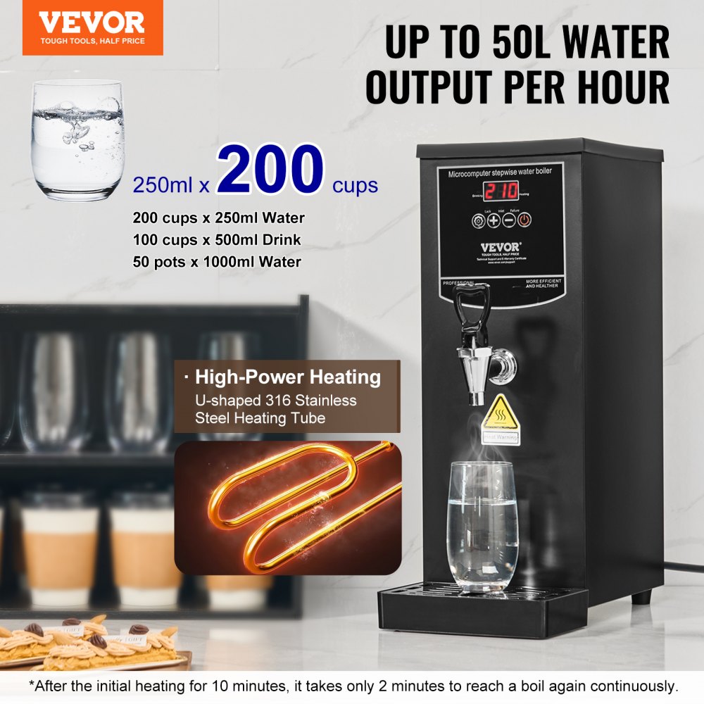 VEVOR Commercial Water Boiler, Electric Hot Water Dispenser with 316 Stainless Steel Heating Tube, 1500W Step-by-step Fast Heating 50L per Hour Hot Water Boiler, for Coffee Tea Restaurant Office