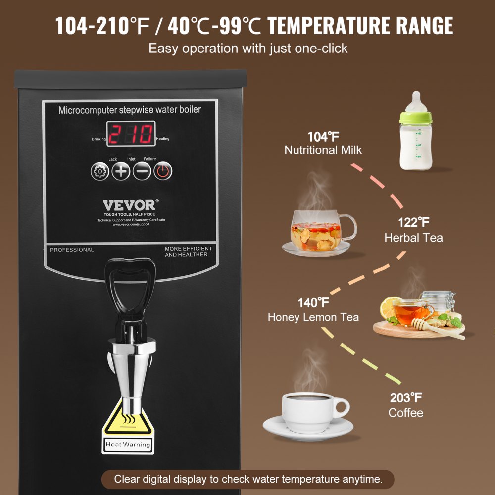 VEVOR Commercial Water Boiler, Electric Hot Water Dispenser with 316 Stainless Steel Heating Tube, 1500W Step-by-step Fast Heating 50L per Hour Hot Water Boiler, for Coffee Tea Restaurant Office