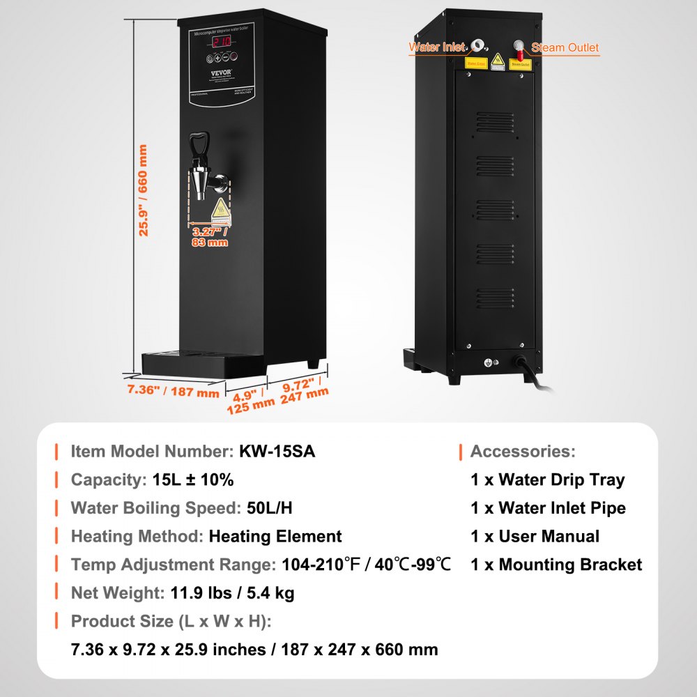 VEVOR Commercial Water Boiler, Electric Hot Water Dispenser with 316 Stainless Steel Heating Tube, 1500W Step-by-step Fast Heating 50L per Hour Hot Water Boiler, for Coffee Tea Restaurant Office