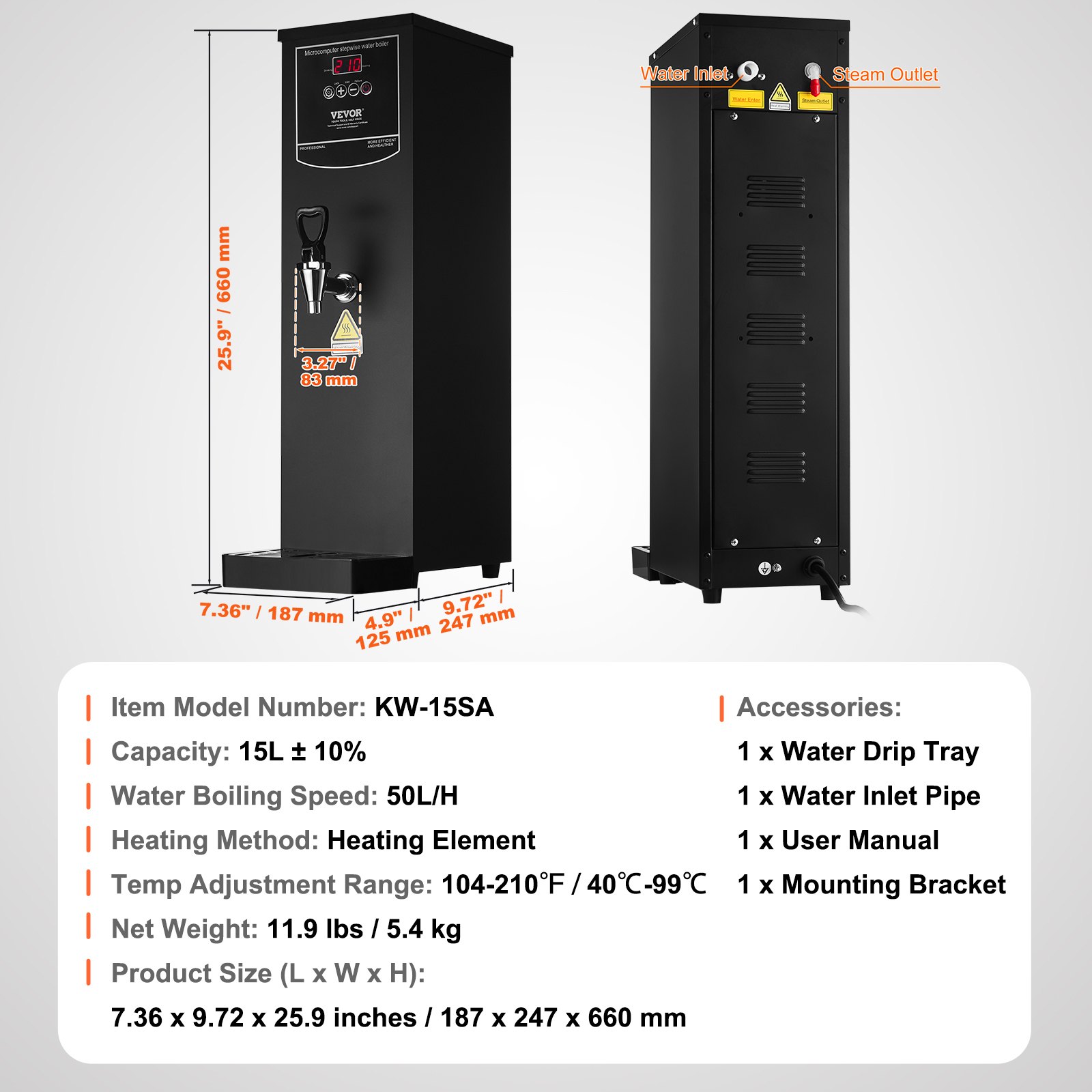 VEVOR Commercial Water Boiler, Electric Hot Water Dispenser with 316 Stainless Steel Heating Tube, 1500W Step-by-step Fast Heating 50L per Hour Hot Water Boiler, for Coffee Tea Restaurant Office