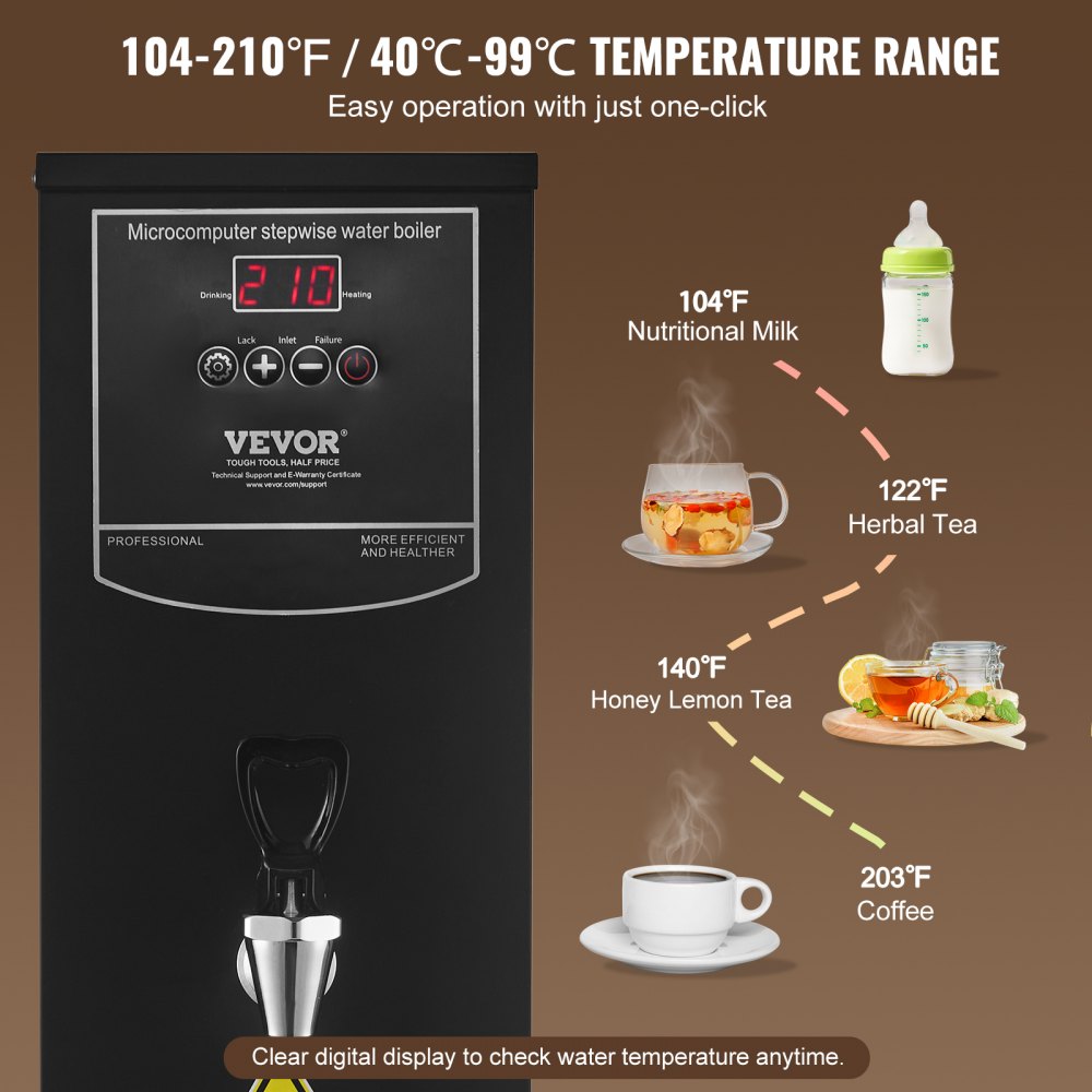 VEVOR Commercial Water Boiler, Electric Hot Water Dispenser with 316 Stainless Steel Heating Tube, 1500W Step-by-step Fast Heating 50L per Hour Hot Water Boiler, for Coffee Tea Restaurant Office