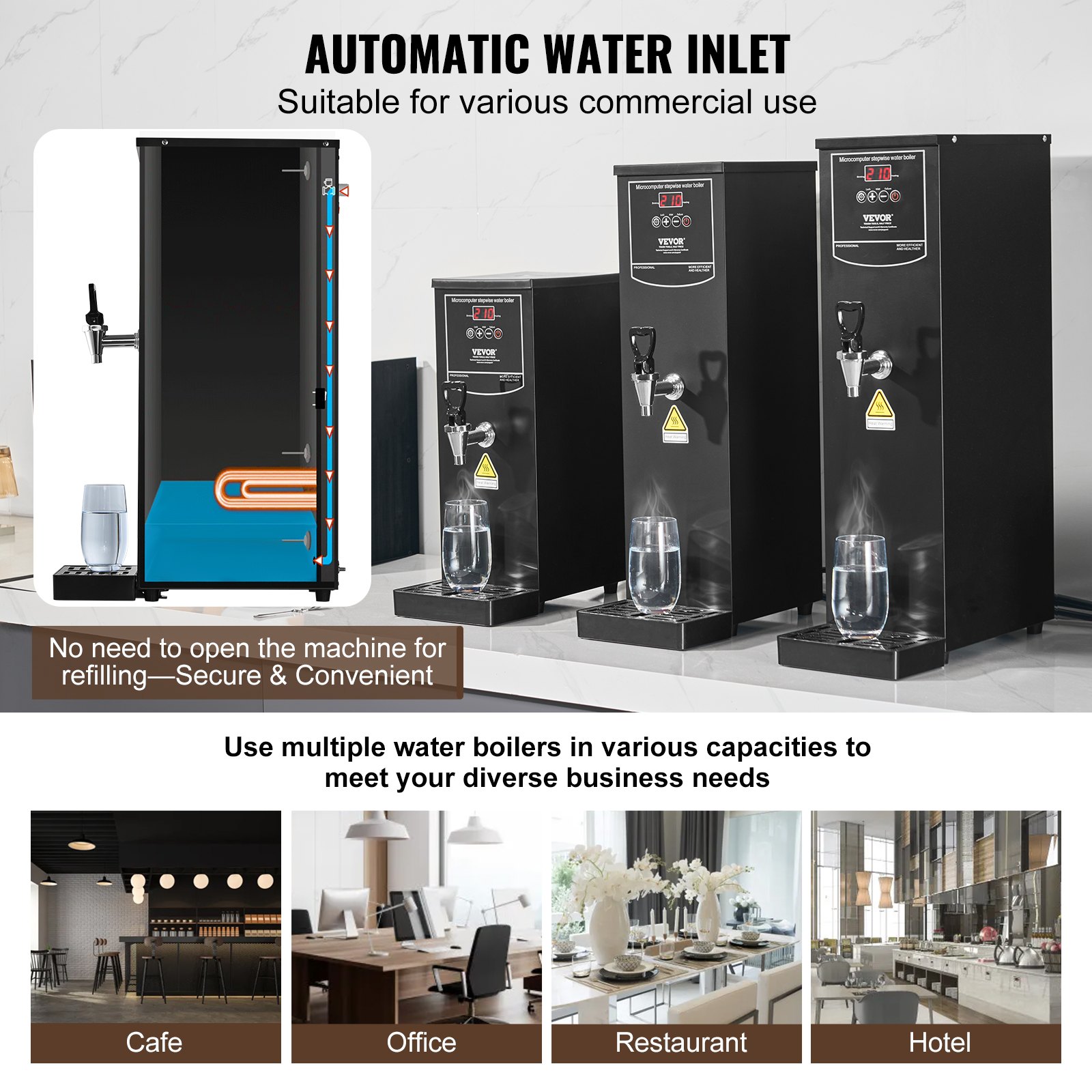 VEVOR Commercial Water Boiler, Electric Hot Water Dispenser with 316 Stainless Steel Heating Tube, 1500W Step-by-step Fast Heating 50L per Hour Hot Water Boiler, for Coffee Tea Restaurant Office