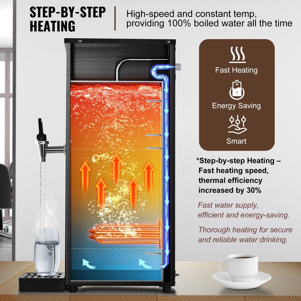 VEVOR Commercial Water Boiler, Electric Hot Water Dispenser with 316 Stainless Steel Heating Tube, 3000W Step-by-step Fast Heating 50L per Hour Hot Water Boiler, for Coffee Tea Restaurant Office