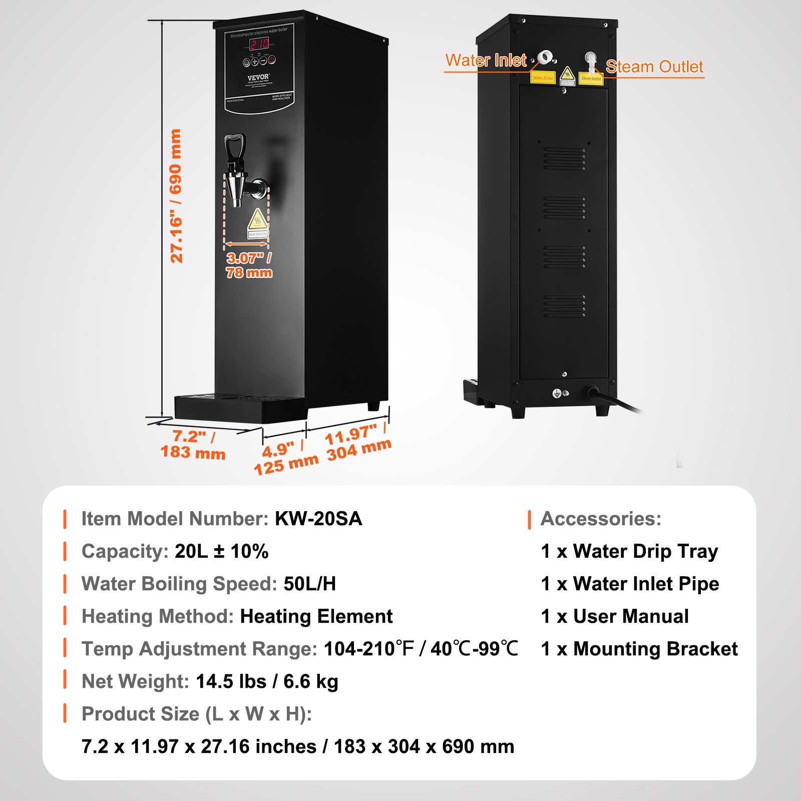 VEVOR Commercial Water Boiler, Electric Hot Water Dispenser with 316 Stainless Steel Heating Tube, 3000W Step-by-step Fast Heating 50L per Hour Hot Water Boiler, for Coffee Tea Restaurant Office