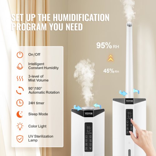 VEVOR Humidificateur Commercial Industriel 40m² - 9L 300mL/h Brume Fraîche Avec Rotation Automatique
