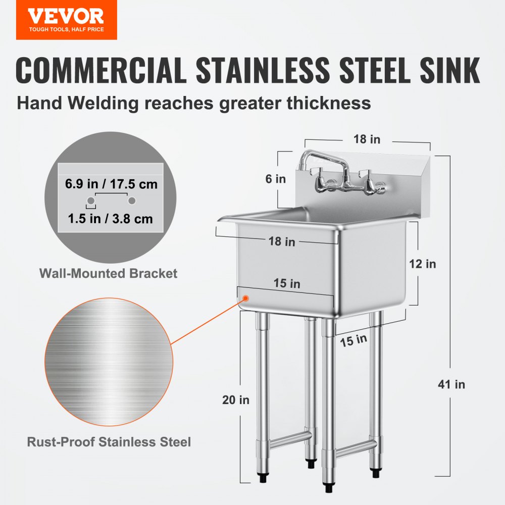 VEVOR Stainless Steel Prep & Utility Sink, 1 Compartment Free Standing Small Sink Include Faucet & legs, 18"x41" Commercial Single Bowl Sinks for Garage, Restaurant, Kitchen, Laundry