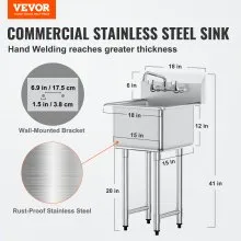 VEVOR Stainless Steel Prep & Utility Sink, 1 Compartment Free Standing Small Sink Include Faucet & legs, 18"x41" Commercial Single Bowl Sinks for Garage, Restaurant, Kitchen, Laundry, NSF Certified
