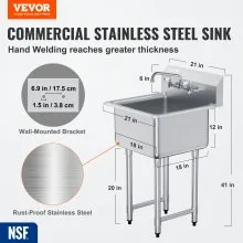 VEVOR Stainless Steel Prep & Utility Sink, 1 Compartment Free Standing Small Sink Include Faucet & legs, 21"x41" Commercial Single Bowl Sinks for Garage, Restaurant, Kitchen, Laundry