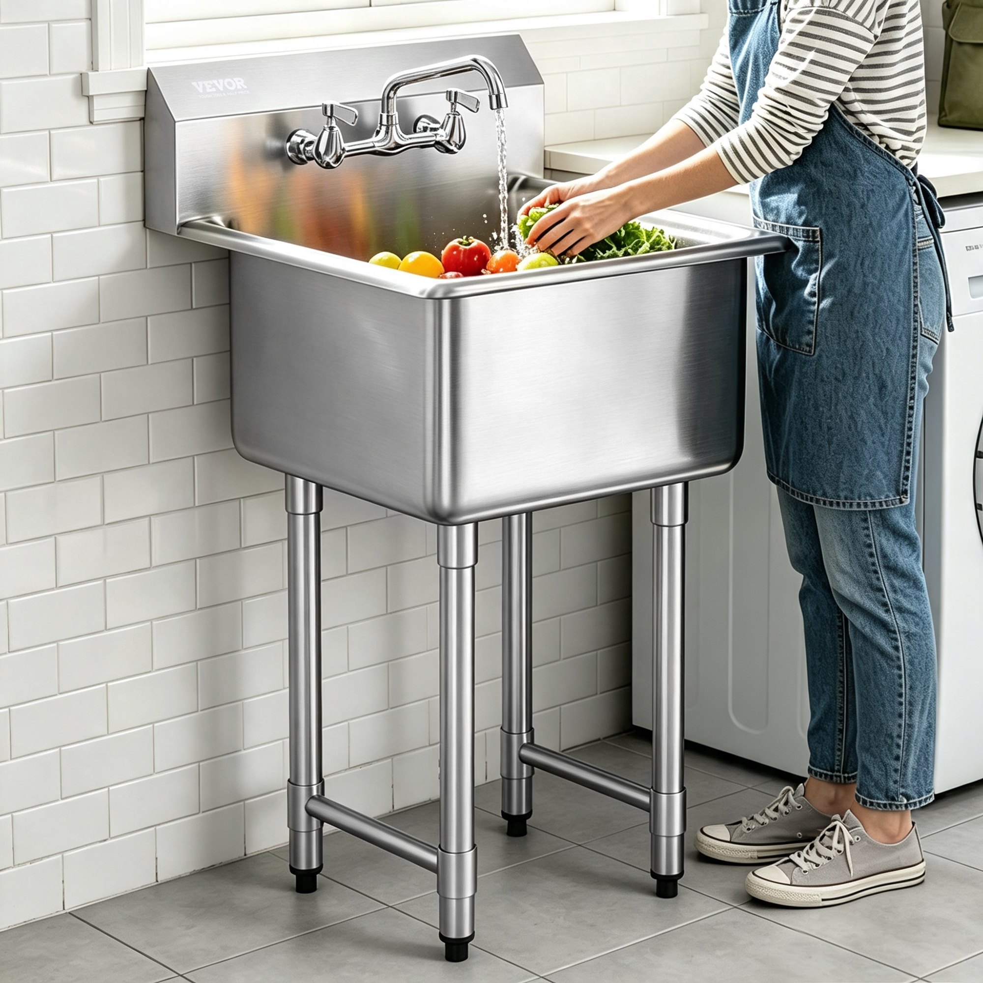 VEVOR Stainless Steel Prep & Utility Sink, 1 Compartment Free Standing Small Sink Include Faucet & legs, 533.4 x 1041 mm Commercial Single Bowl Sinks for Garage, Restaurant, Kitchen, Laundry