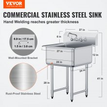 VEVOR Stainless Steel Prep & Utility Sink, 1 Compartment Free Standing Small Sink Include Faucet & legs, 27"x41" Commercial Single Bowl Sinks for Garage, Restaurant, Kitchen, Laundry