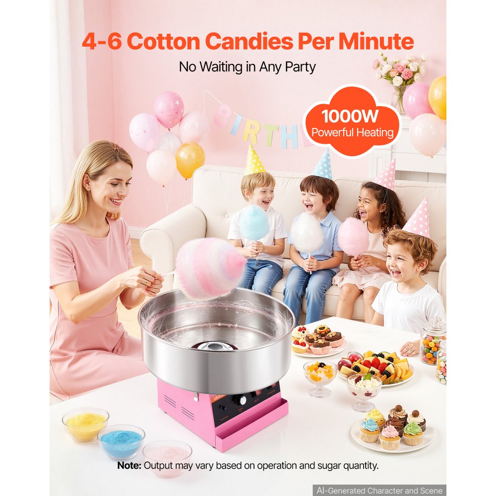 VEVOR Cotton Candy Machine Commercial 1000W Electric Candy Floss Maker Pink, Ideal for Home, Carnival, Birthday, Family Party, Easy Use with 20.5 in Stainless Steel Bowl, Storage Tray and Sugar Scoop