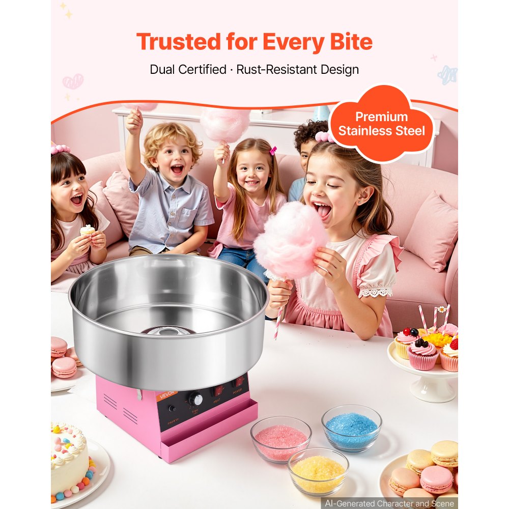 VEVOR Cotton Candy Machine Commercial 1000W Electric Candy Floss Maker Pink, Ideal for Home, Carnival, Birthday, Family Party, Easy Use with 20.5 in Stainless Steel Bowl, Storage Tray and Sugar Scoop