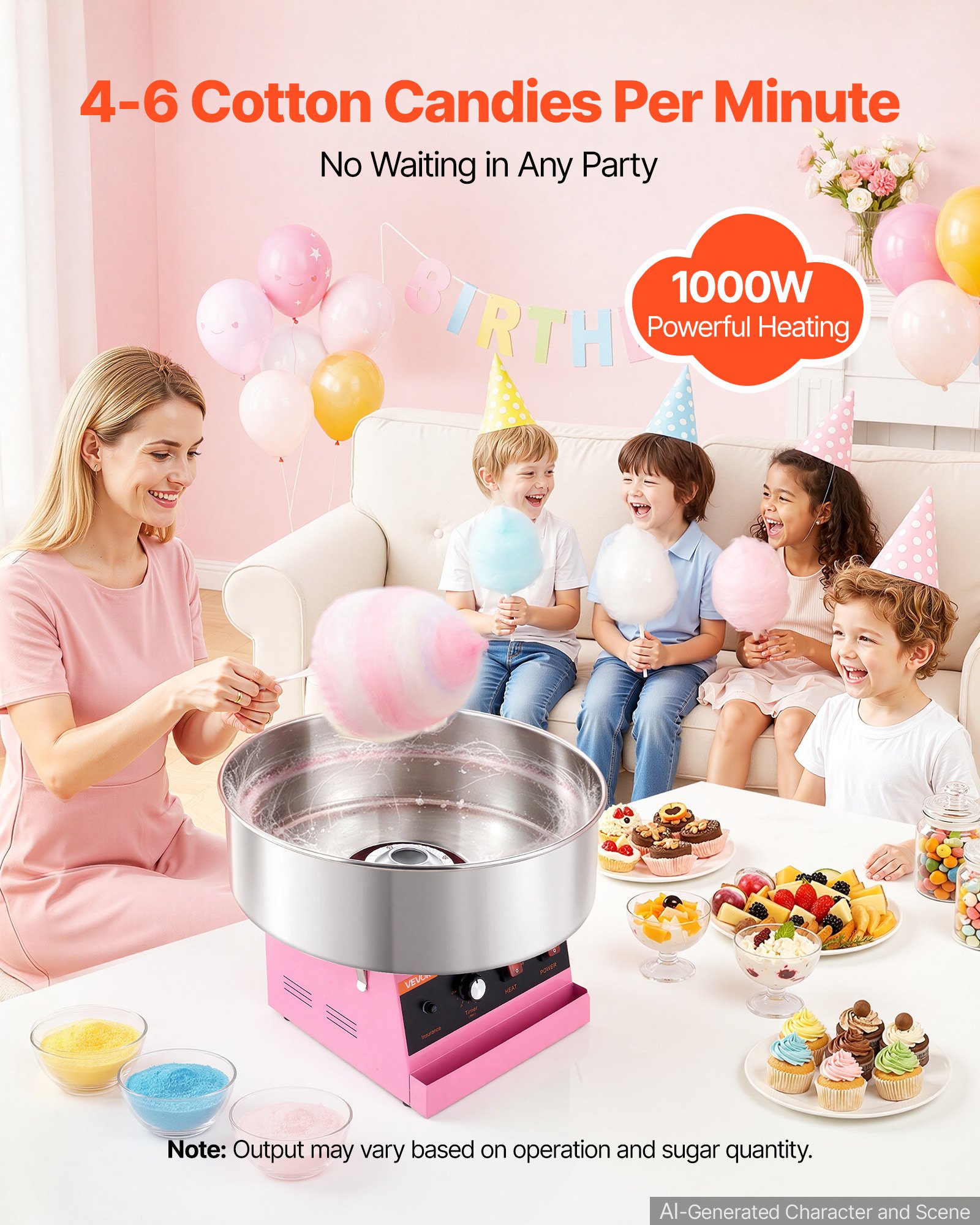 VEVOR Cotton Candy Machine Commercial 1000W Electric Candy Floss Maker Pink, Ideal for Home, Carnival, Birthday, Family Party, Easy Use with 20.5 in Stainless Steel Bowl, Storage Tray and Sugar Scoop