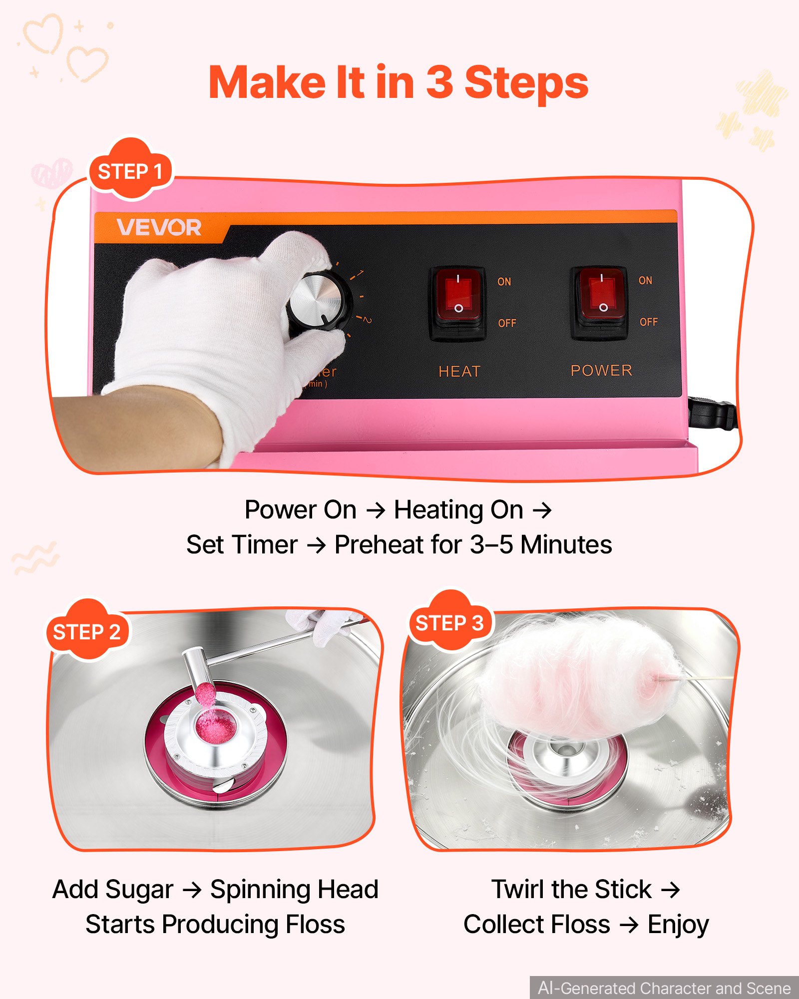 VEVOR Cotton Candy Machine Commercial 1000W Electric Candy Floss Maker Pink, Ideal for Home, Carnival, Birthday, Family Party, Easy Use with 20.5 in Stainless Steel Bowl, Storage Tray and Sugar Scoop