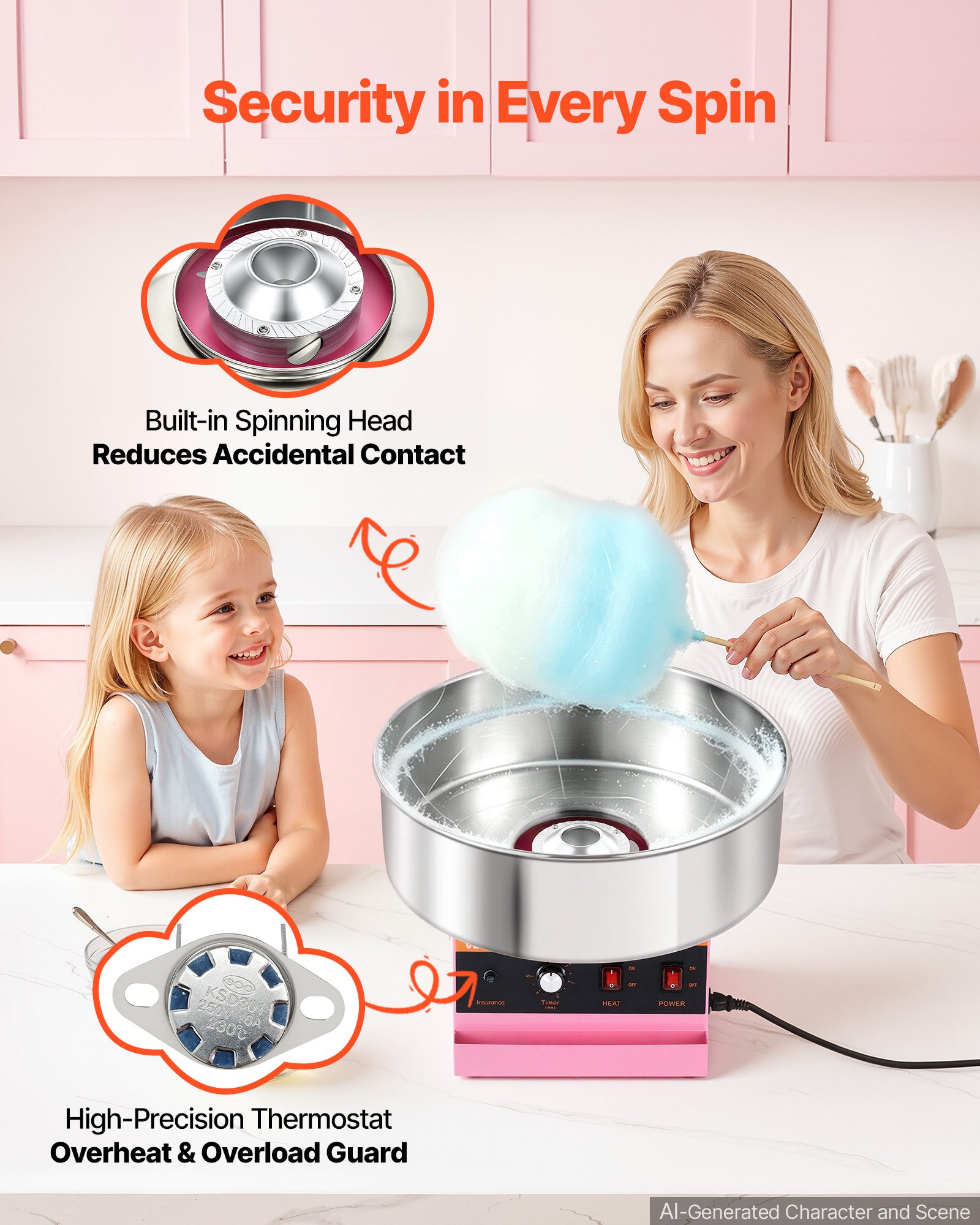 VEVOR Cotton Candy Machine Commercial 1000W Electric Candy Floss Maker Pink, Ideal for Home, Carnival, Birthday, Family Party, Easy Use with 20.5 in Stainless Steel Bowl, Storage Tray and Sugar Scoop