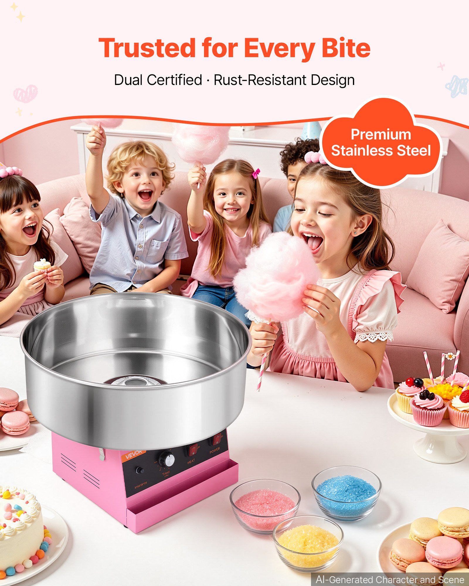 VEVOR Cotton Candy Machine Commercial 1000W Electric Candy Floss Maker Pink, Ideal for Home, Carnival, Birthday, Family Party, Easy Use with 20.5 in Stainless Steel Bowl, Storage Tray and Sugar Scoop