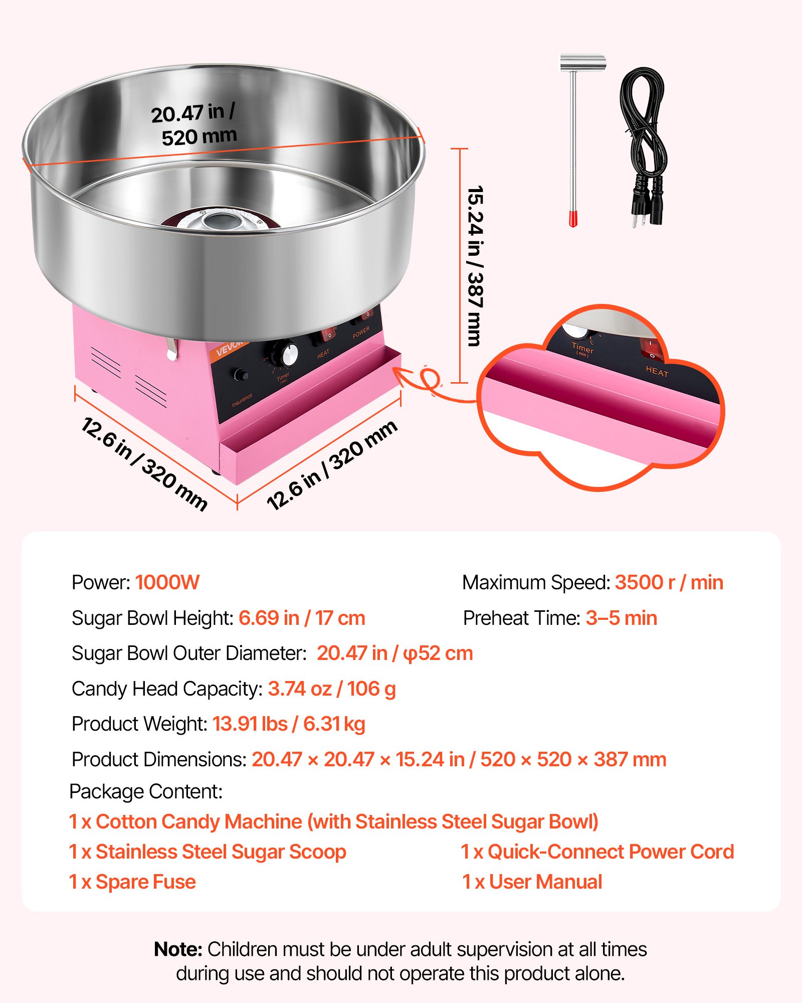 VEVOR Cotton Candy Machine Commercial 1000W Electric Candy Floss Maker Pink, Ideal for Home, Carnival, Birthday, Family Party, Easy Use with 20.5 in Stainless Steel Bowl, Storage Tray and Sugar Scoop