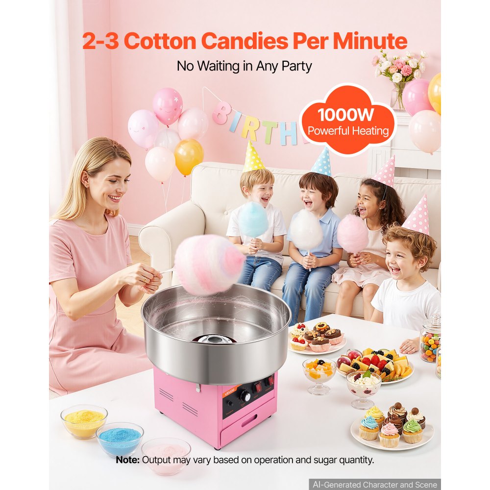 VEVOR Cotton Candy Machine Commercial 1000W Electric Candy Floss Maker Pink, Ideal for Home, Carnival, Birthday, Family Party, Easy Use with 20.5 in Stainless Steel Bowl, Storage Drawer, Sugar Scoop
