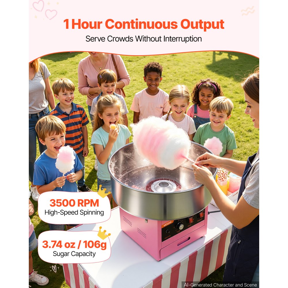 VEVOR Cotton Candy Machine Commercial 1000W Electric Candy Floss Maker Pink, Ideal for Home, Carnival, Birthday, Family Party, Easy Use with 20.5 in Stainless Steel Bowl, Storage Drawer, Sugar Scoop